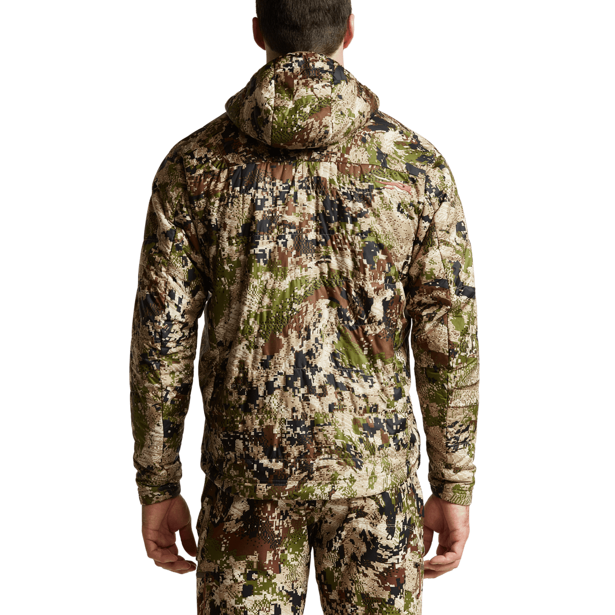 SITKA camouflage hooded hunting jacket, back view with full-length seam lines.