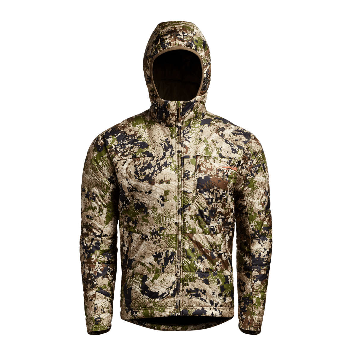 SITKA hooded hunting jacket in camouflage pattern, full-zip with stand collar.