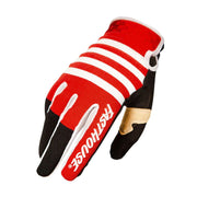 Motocross riding gloves, red and white striped design with black palms and Velcro cuff