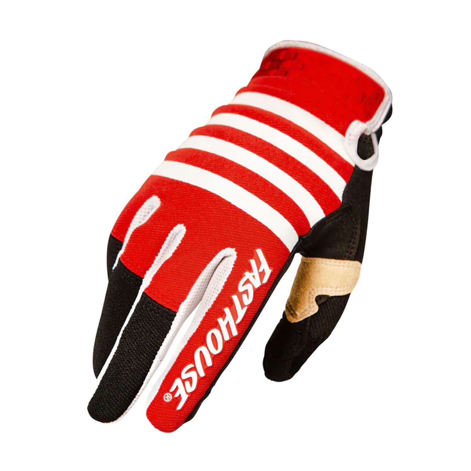 Motocross riding gloves, red and white striped design with black palms and Velcro cuff