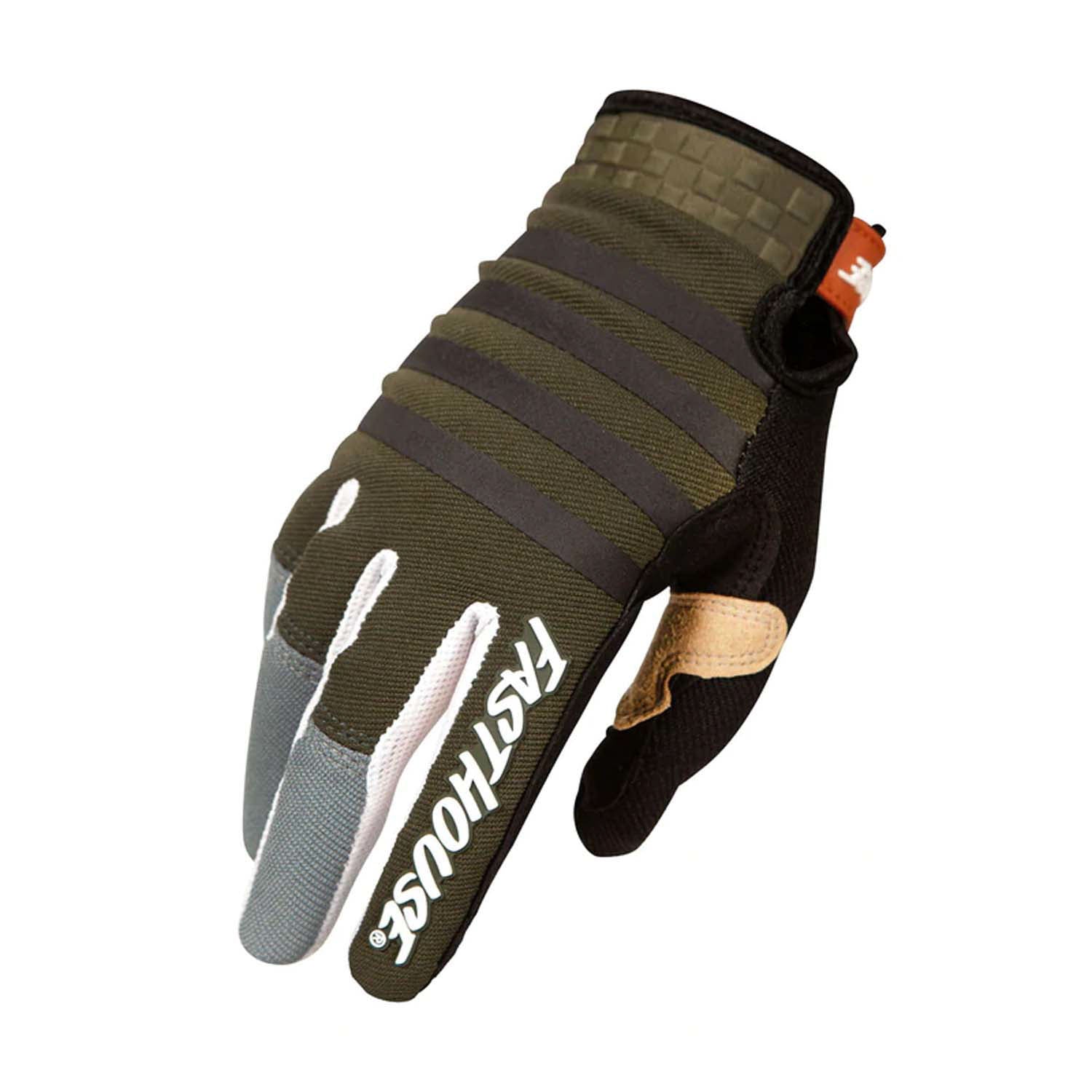 Motocross riding gloves, olive and gray with black palms and stripe accents, Velcro cuff