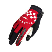 Motocross riding gloves, red and black with checkered stripe graphics and Velcro cuff