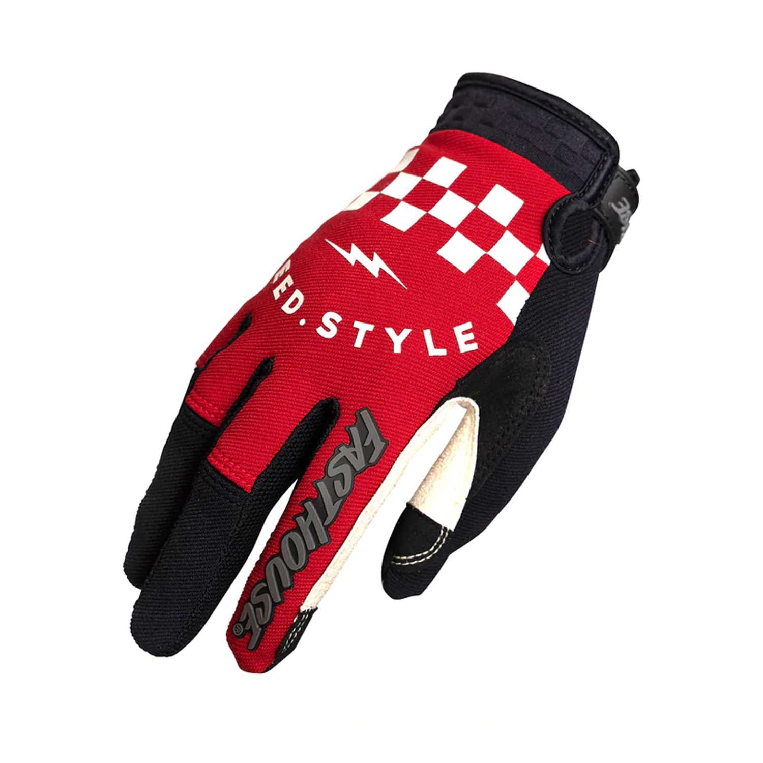 Motocross riding gloves, red and black with checkered stripe graphics and Velcro cuff