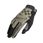 Motocross riding gloves, light tan and gray with checkered graphic, black palms, Velcro cuff
