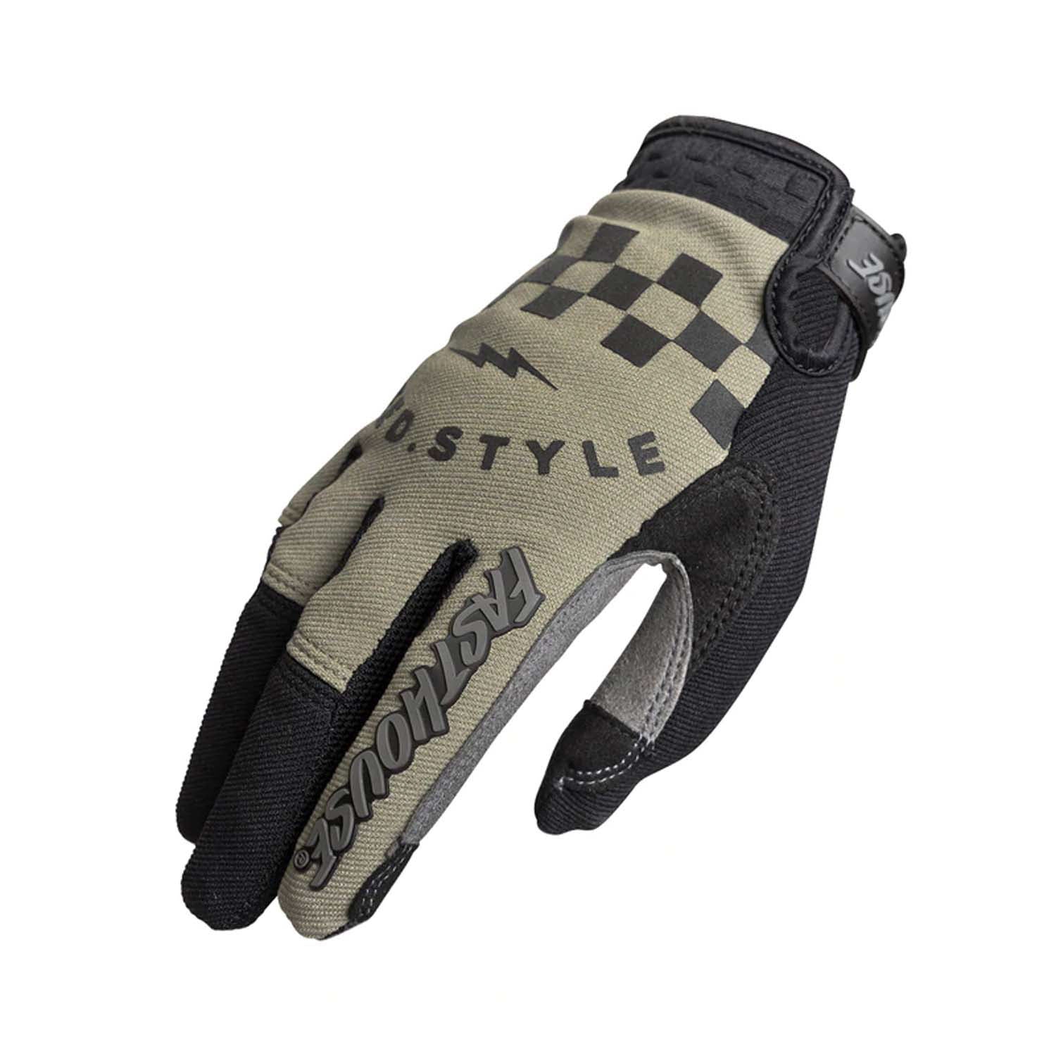 Motocross riding gloves, light tan and gray with checkered graphic, black palms, Velcro cuff