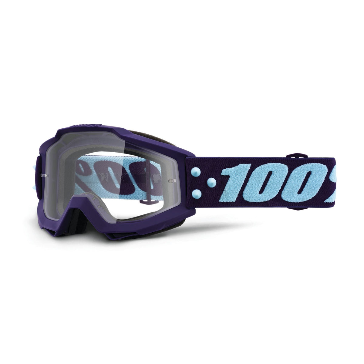 Accuri youth goggles with purple frame, tinted lens, and '100%' graphic strap