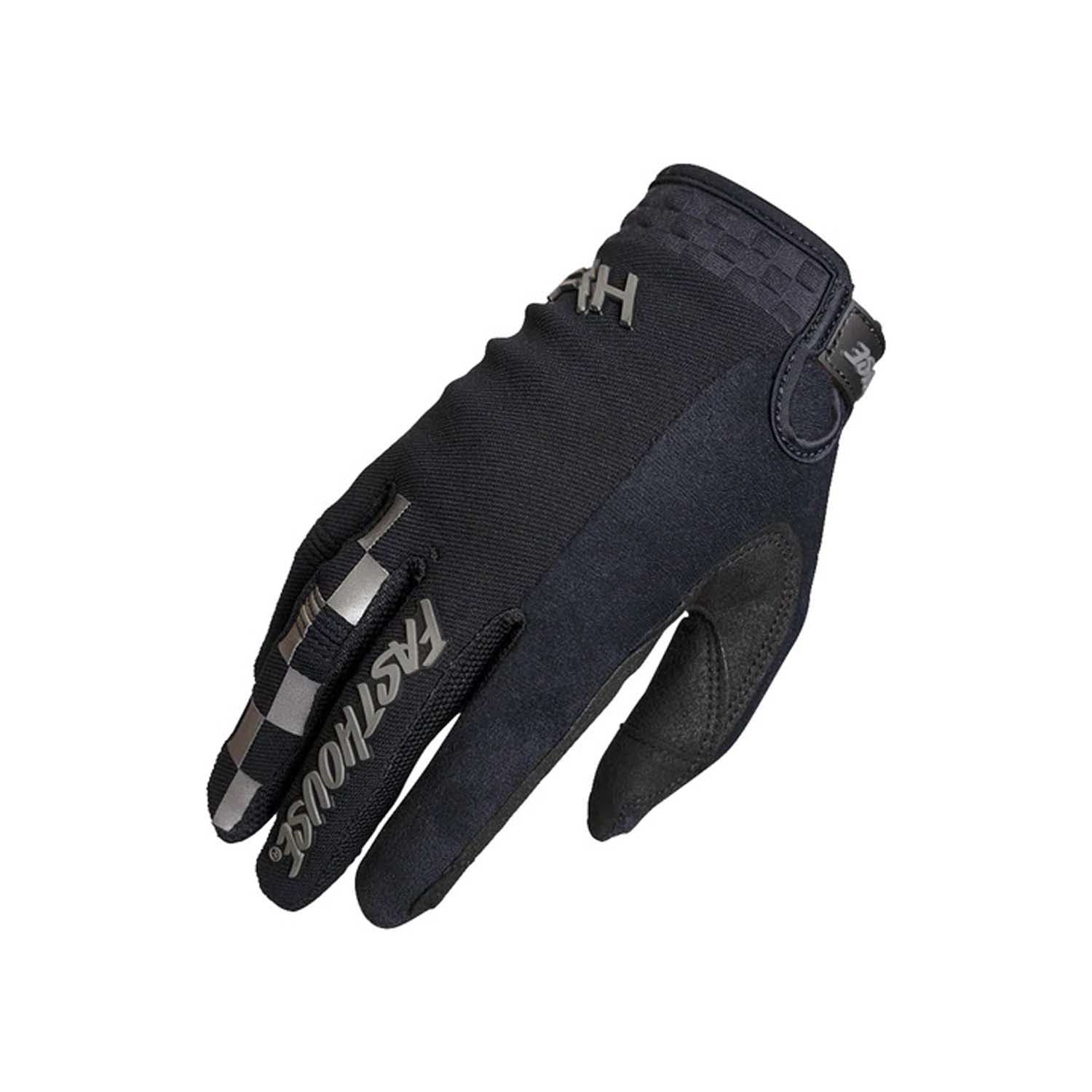 Youth motorcycle glove in black with gray palm panels and small logo print