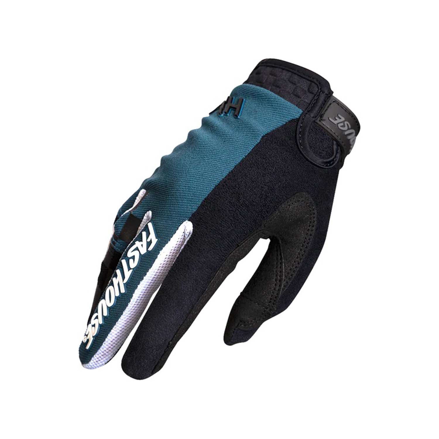 Youth motorcycle glove in teal blue and black with white stripe logo on back