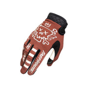 Youth motocross gloves, rust orange with white cartoon graphic and black palm