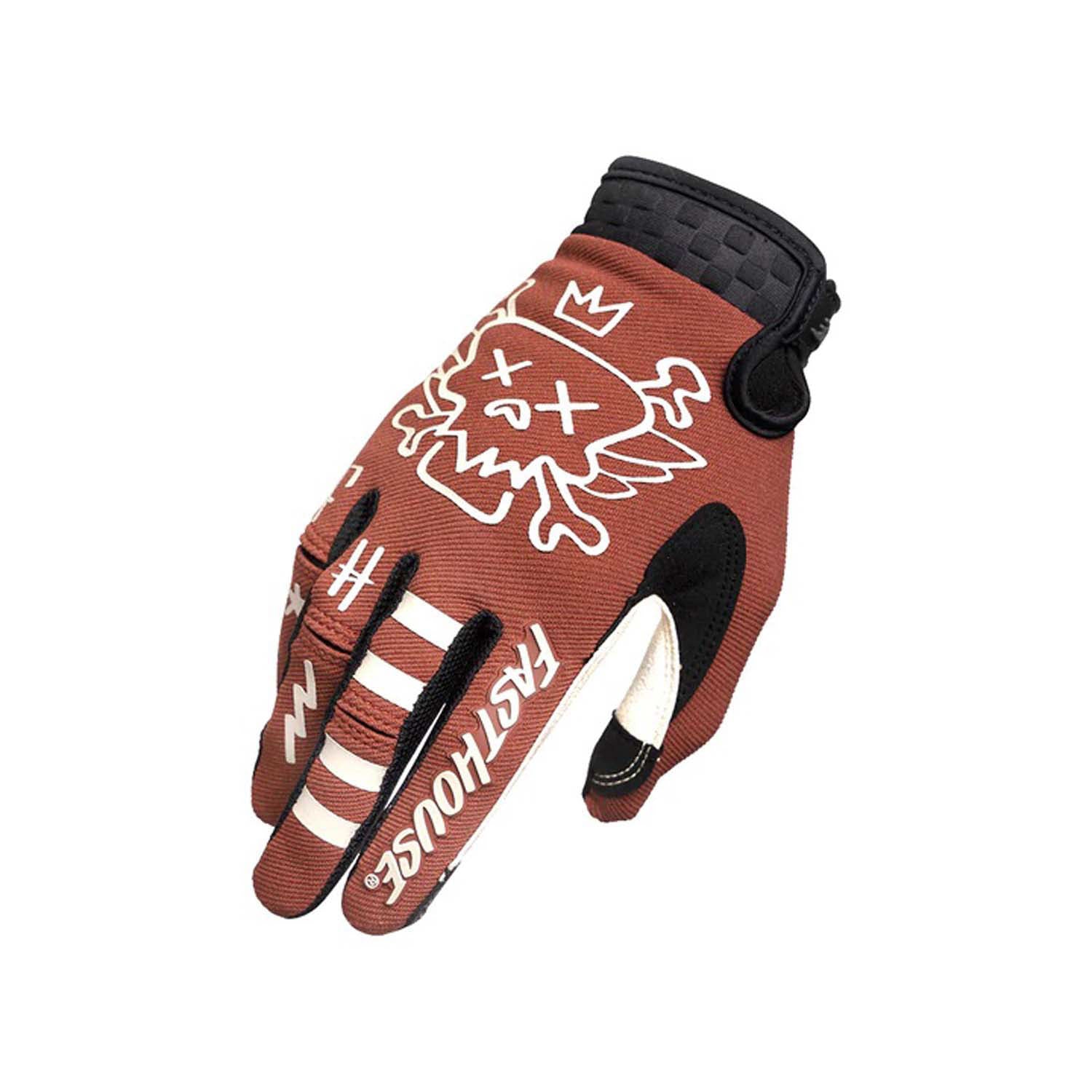 Youth motocross gloves, rust orange with white cartoon graphic and black palm