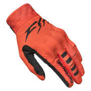 Orange motocross glove with black branding and padded knuckle area