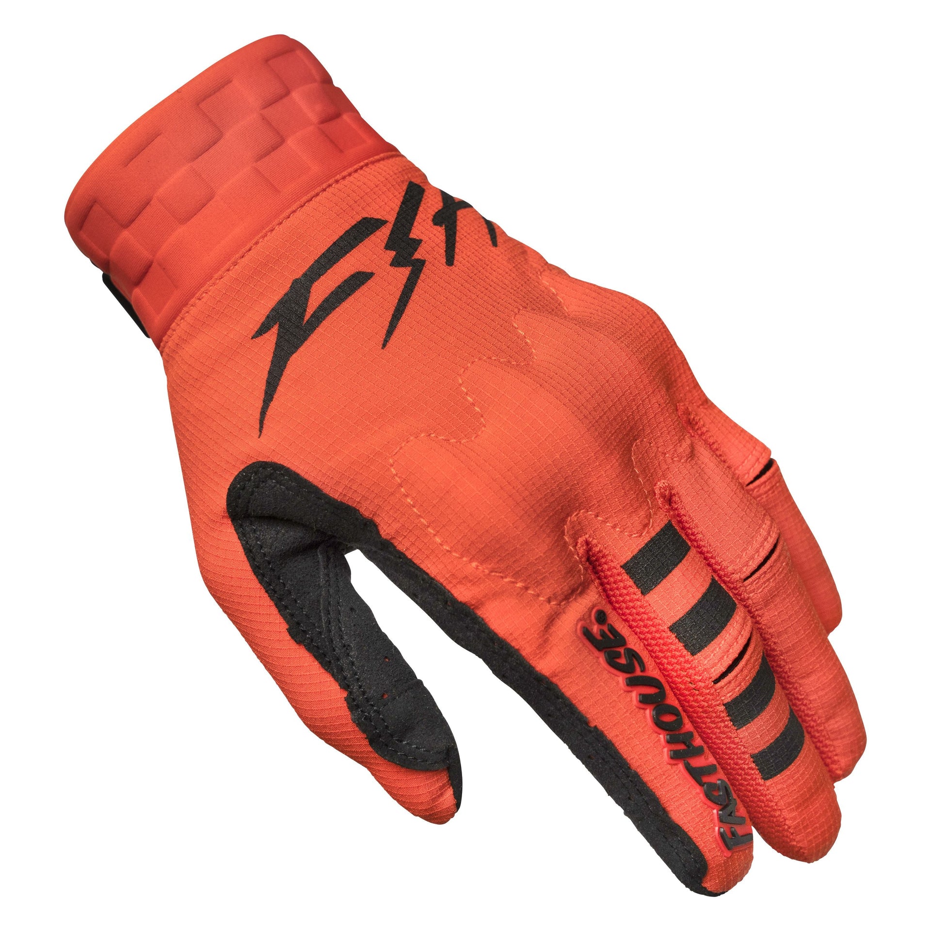 Orange motocross glove with black branding and padded knuckle area