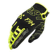 Motorcycle riding glove, black with neon yellow highlights and knuckle padding