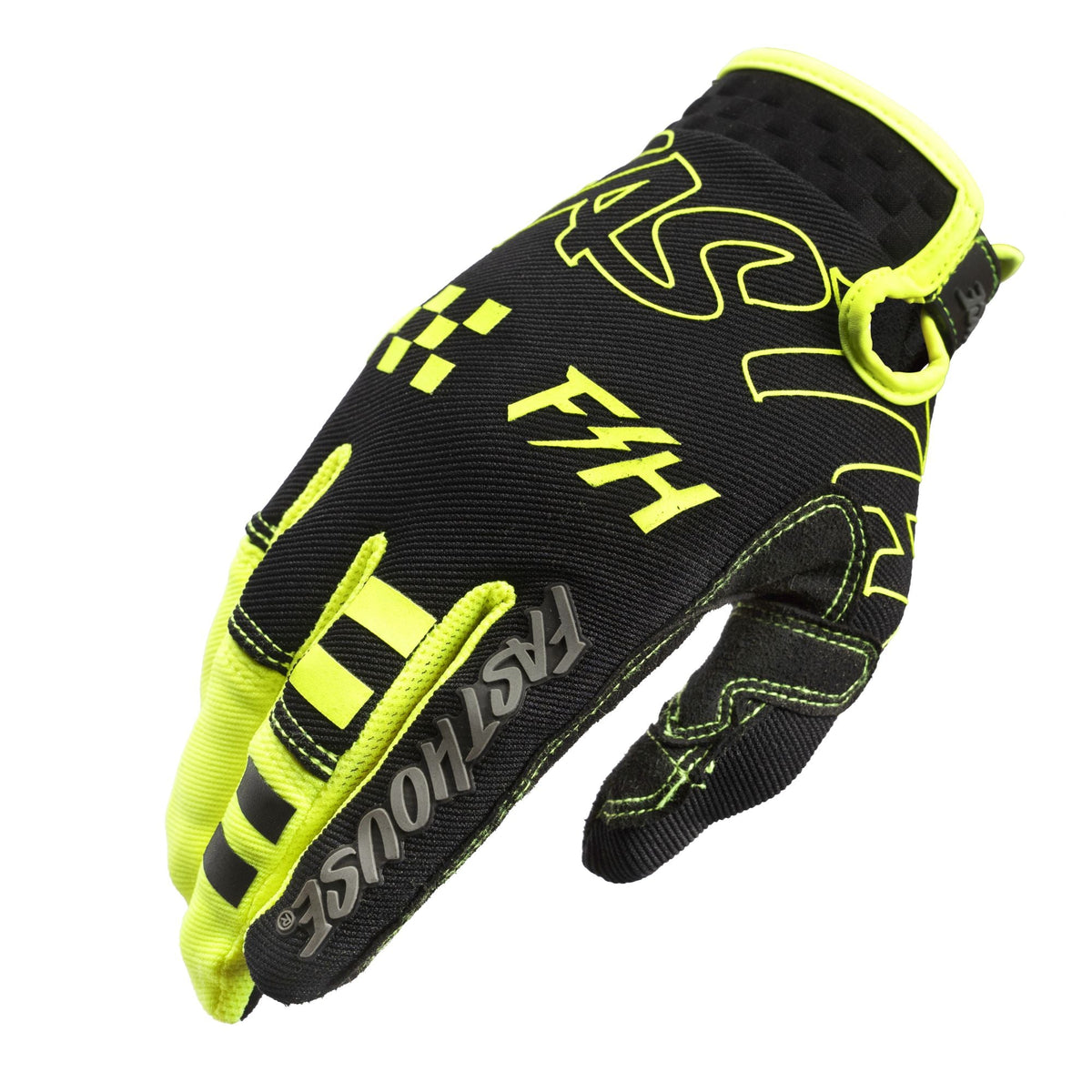 Motorcycle riding glove, black with neon yellow highlights and knuckle padding
