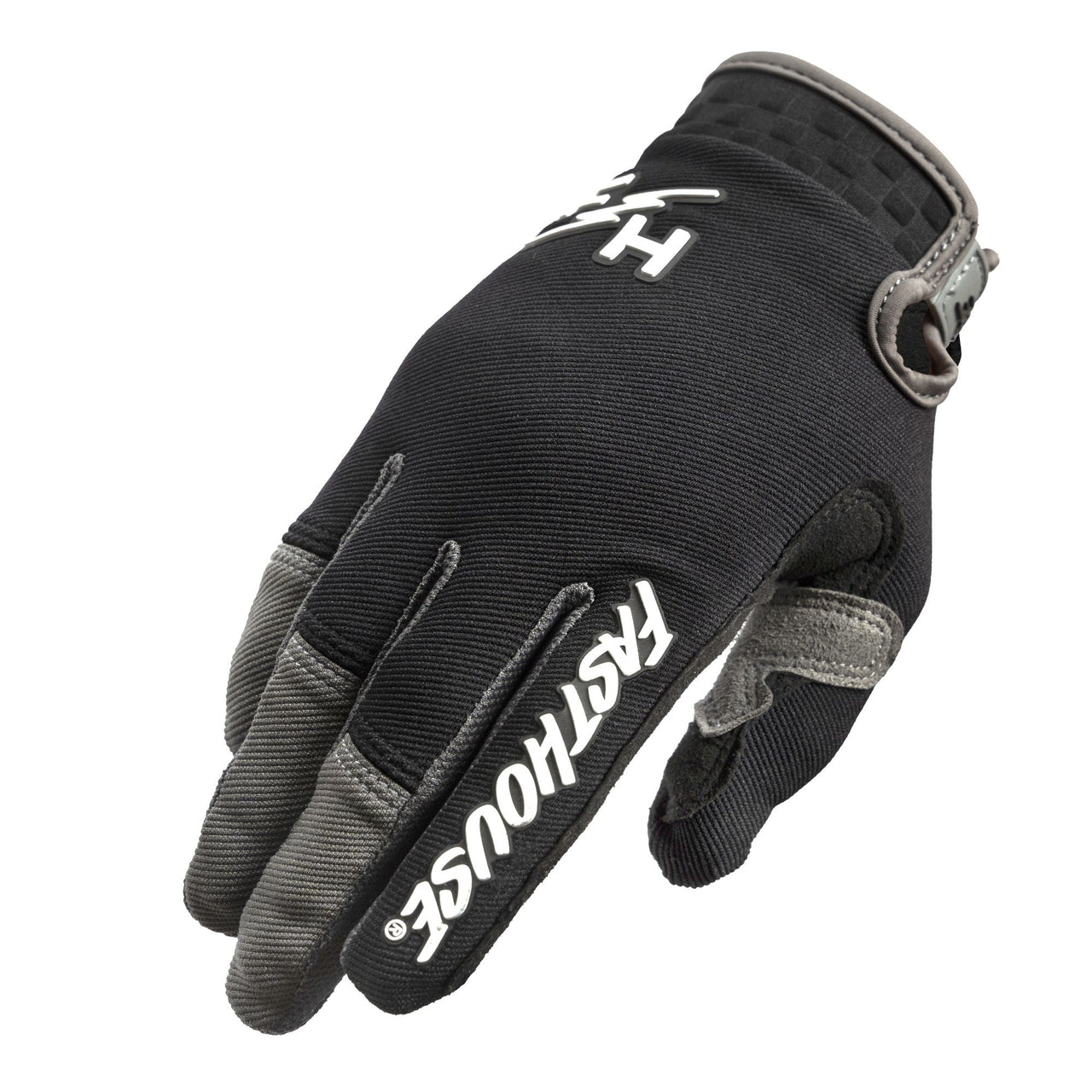 Black motorcycle riding glove with white H logo and textured knuckle panel