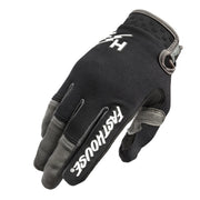 Black motorcycle riding glove with white H logo and textured knuckle panel