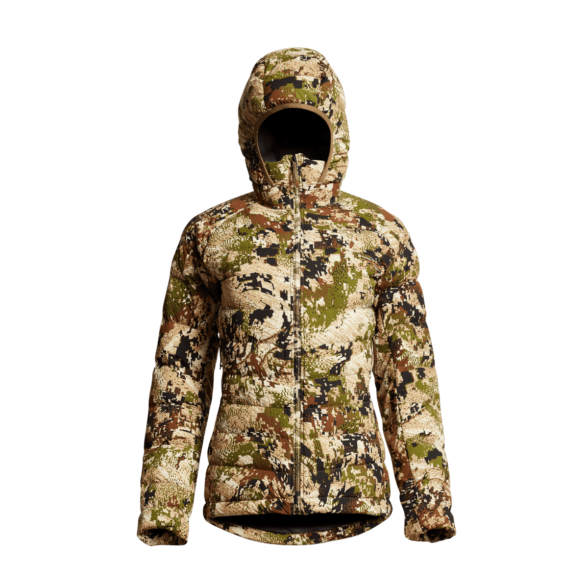 Women's insulated camo down jacket with hood and full-zip front, quilted body.