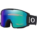 Oakley snow goggles with black frame and blue/teal Prizm lens, side view