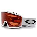 Oakley snow goggles with matte white frame and red mirrored lens, side strap detail