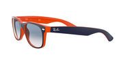 Ray-Ban Wayfarer sunglasses with orange front and dark lenses, curved arms with logo.