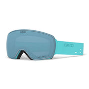 Giro snow goggles with teal frame and light blue mirrored lens, curved face coverage