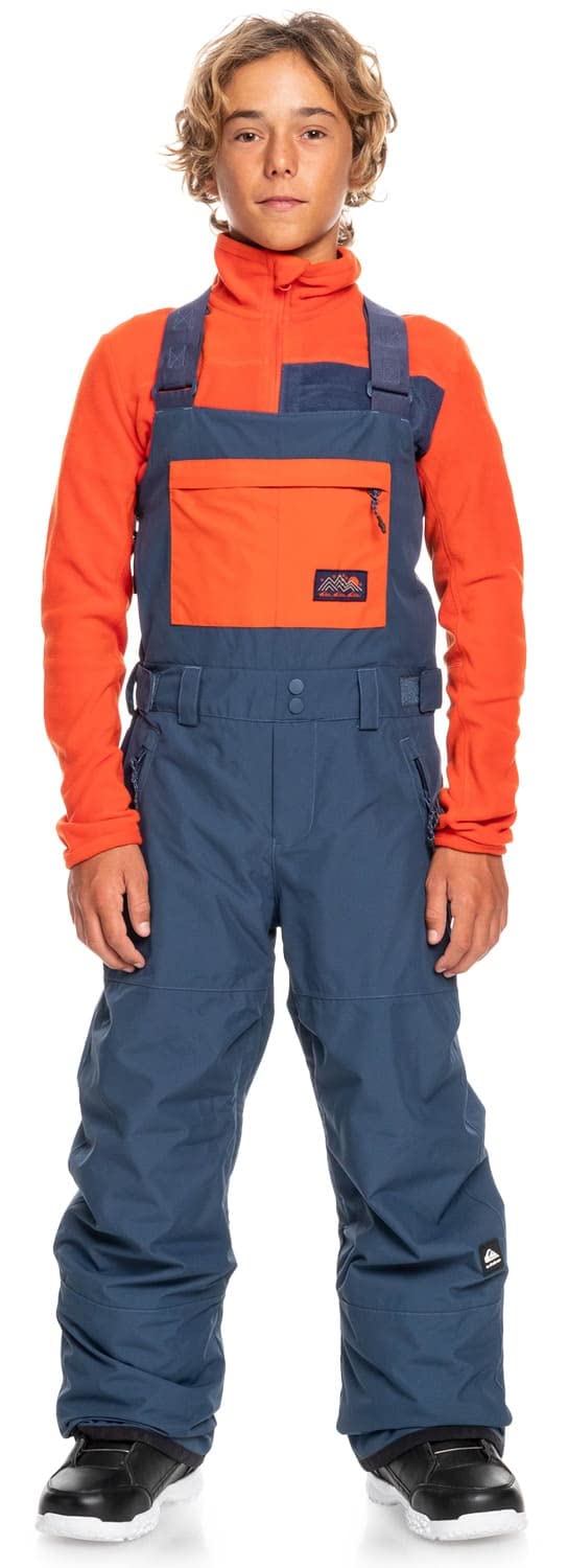 Boys' insulated snowboard bib overalls, bright orange top with blue overalls