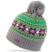 Dakine knit beanie featuring green fair isle yoke, gray ribbed cuff, and top pom-pom
