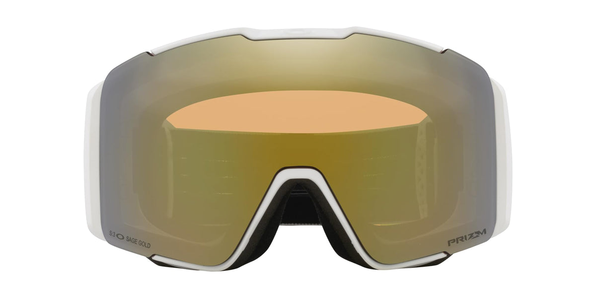Oakley snow goggles with matte white frame and amber gold mirrored lens