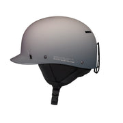 Gray sport snow helmet with chin strap and vented front shield