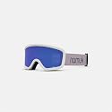 White snow goggles with blue lens and side strap tab