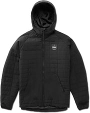 Men's black hooded puff jacket, full-zip front with logo patch