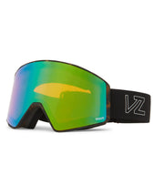 Black snow goggles with rainbow mirrored lens and black fabric strap