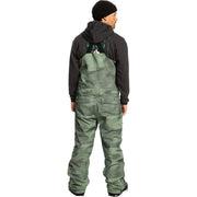 Men's snowboard bib pants, camo green with black back straps and leg pockets