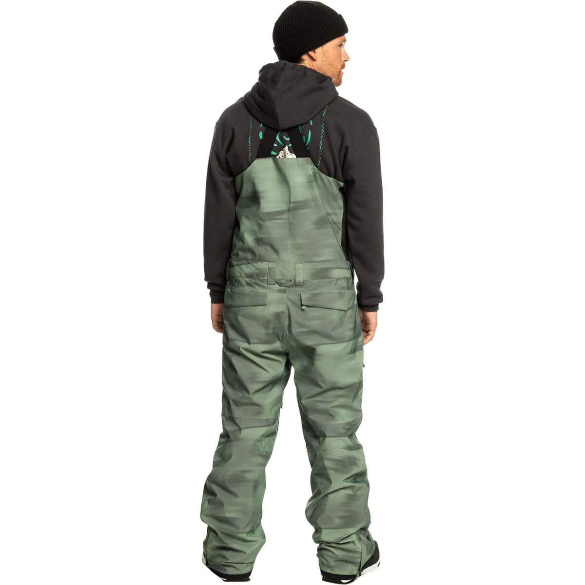 Men's snowboard bib pants, camo green with black back straps and leg pockets
