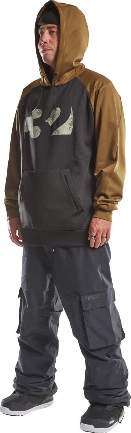Men's tech snow sport hoodie, tobacco hood and sleeves, dark gray body, 32 logo on chest