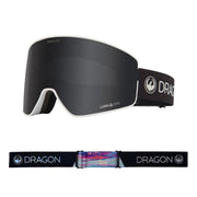 Dragon PXV2 snow goggles with dark lens, white frame, black strap with colorful insert