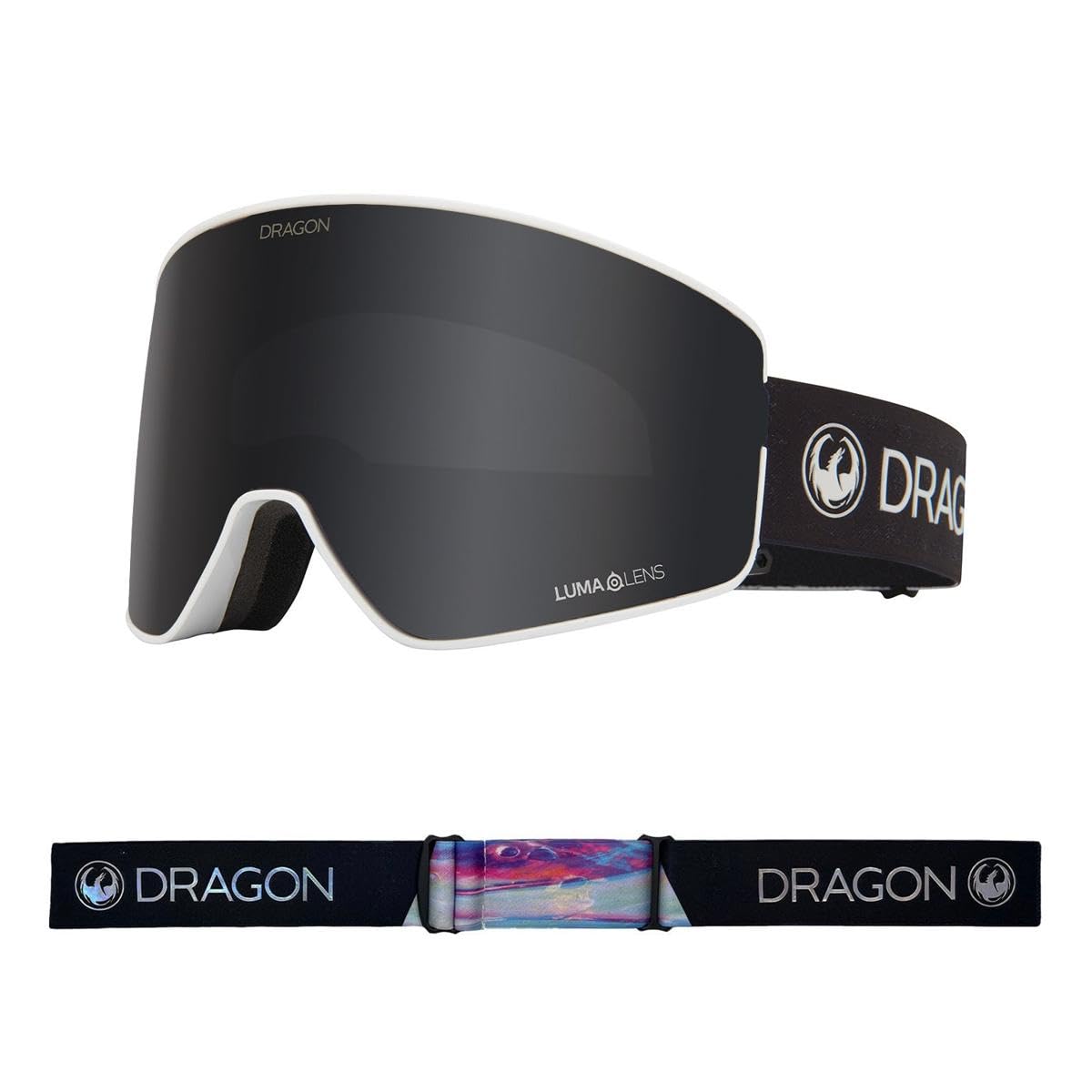 Dragon PXV2 snow goggles with dark lens, white frame, black strap with colorful insert