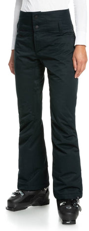 Women's black snow pants side view with zip fly and adjustable ankle hem