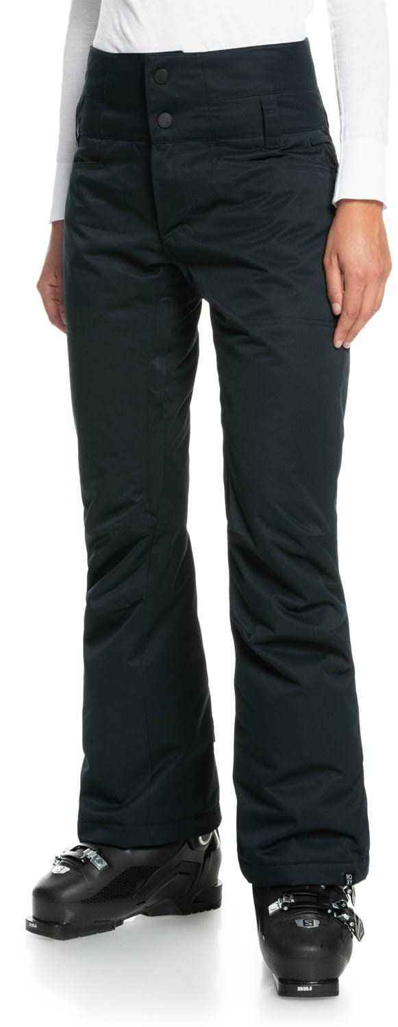 Women's black snow pants side view with zip fly and adjustable ankle hem