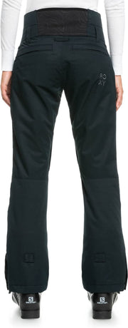 Women's black snow pants back view with logo detail on right thigh and ankle cuffs