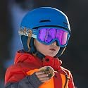 Blue toddler snow goggles with purple mirrored lens and adjustable strap