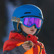 Blue toddler snow goggles with purple mirrored lens and padded mesh face vent