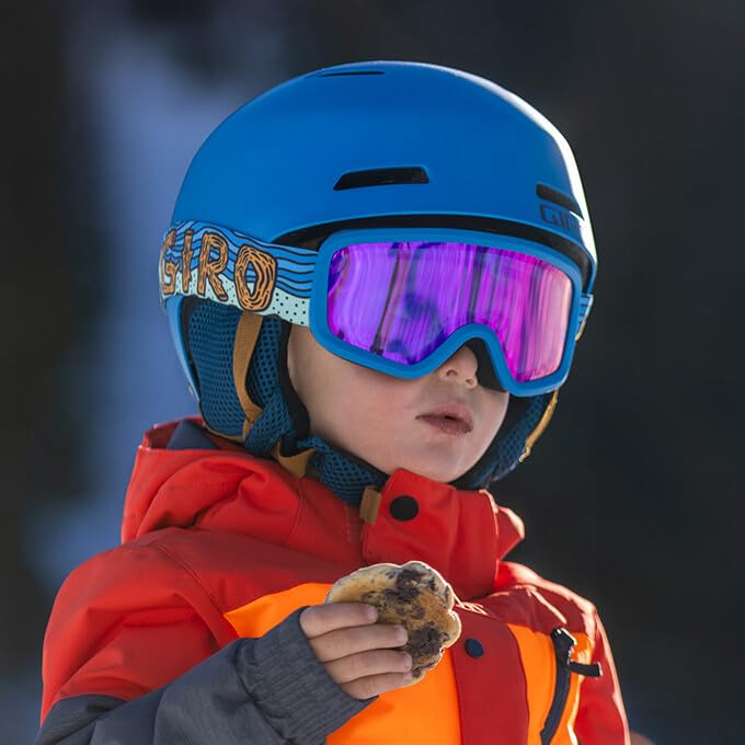 Blue toddler snow goggles with purple mirrored lens and padded mesh face vent