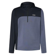 Men's two-tone zip-up hoodie in navy and heather gray, adjustable hood, front zipper