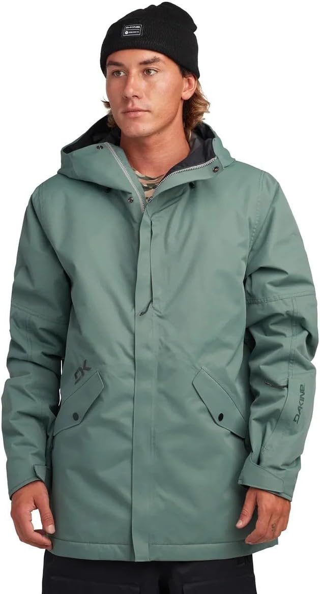 Dakine men's insulated parka, teal green with hood, front zip, utility pockets.