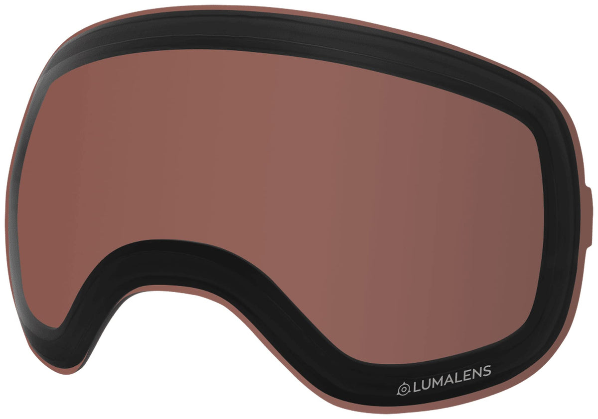 Polar replacement goggle lens with dark brown tint, black frame edge, Lumalens