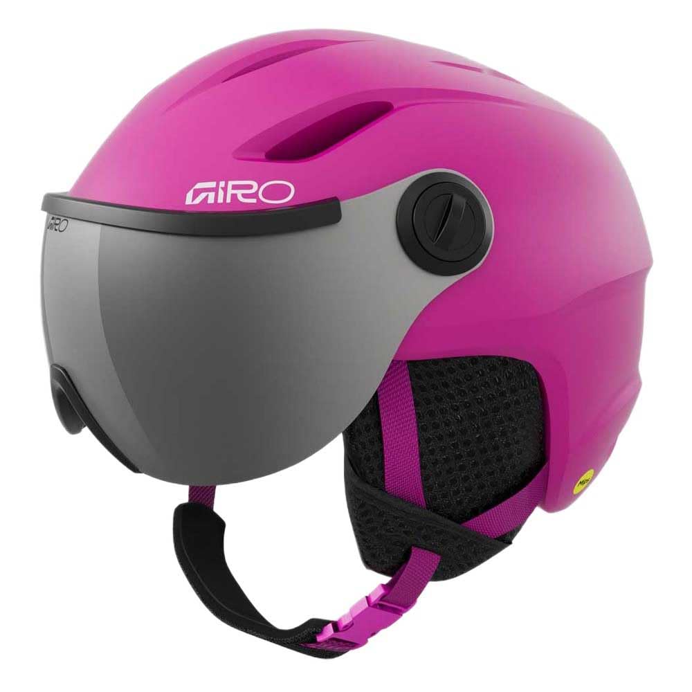 Kids snow MIPS helmet in matte bright pink with black chin strap and vented shell