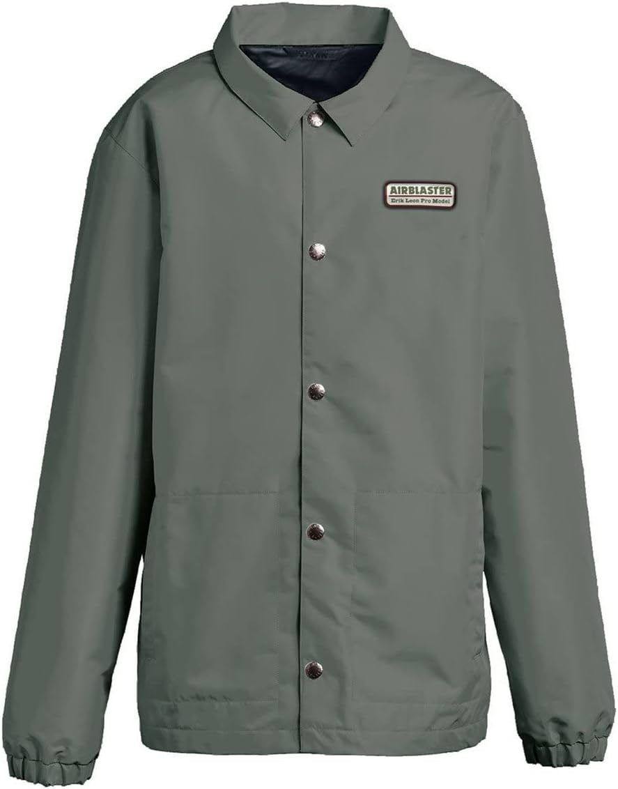 Airblaster Leon Bruiser jacket in dark green with button-front, stand collar, logo patch