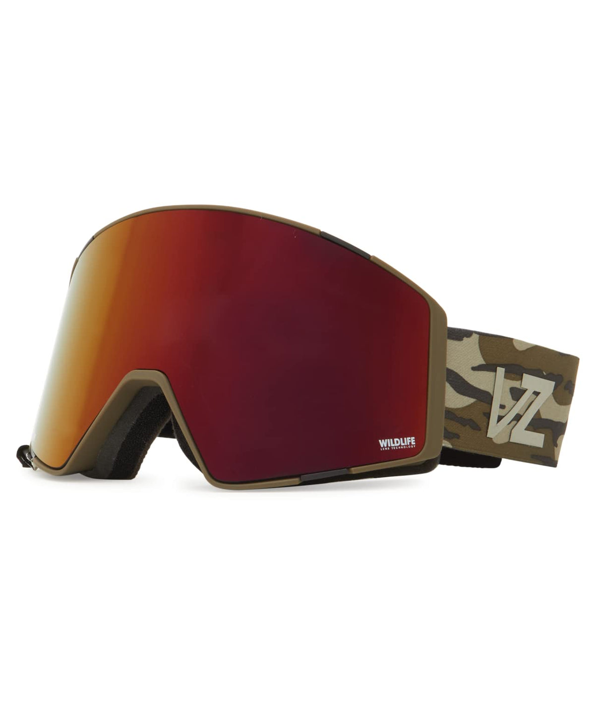 Snow goggles with red mirrored lens, black frame, camo strap with VZ logo
