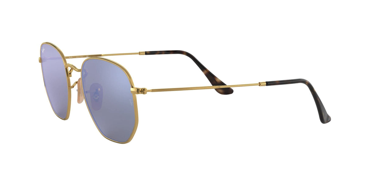 Ray-Ban hexagonal flat sunglasses with gold frame, blue lenses, black-tortoise temples